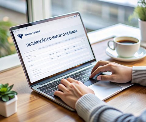 Woman typing on laptop with a cup of coffee and plants in the background.